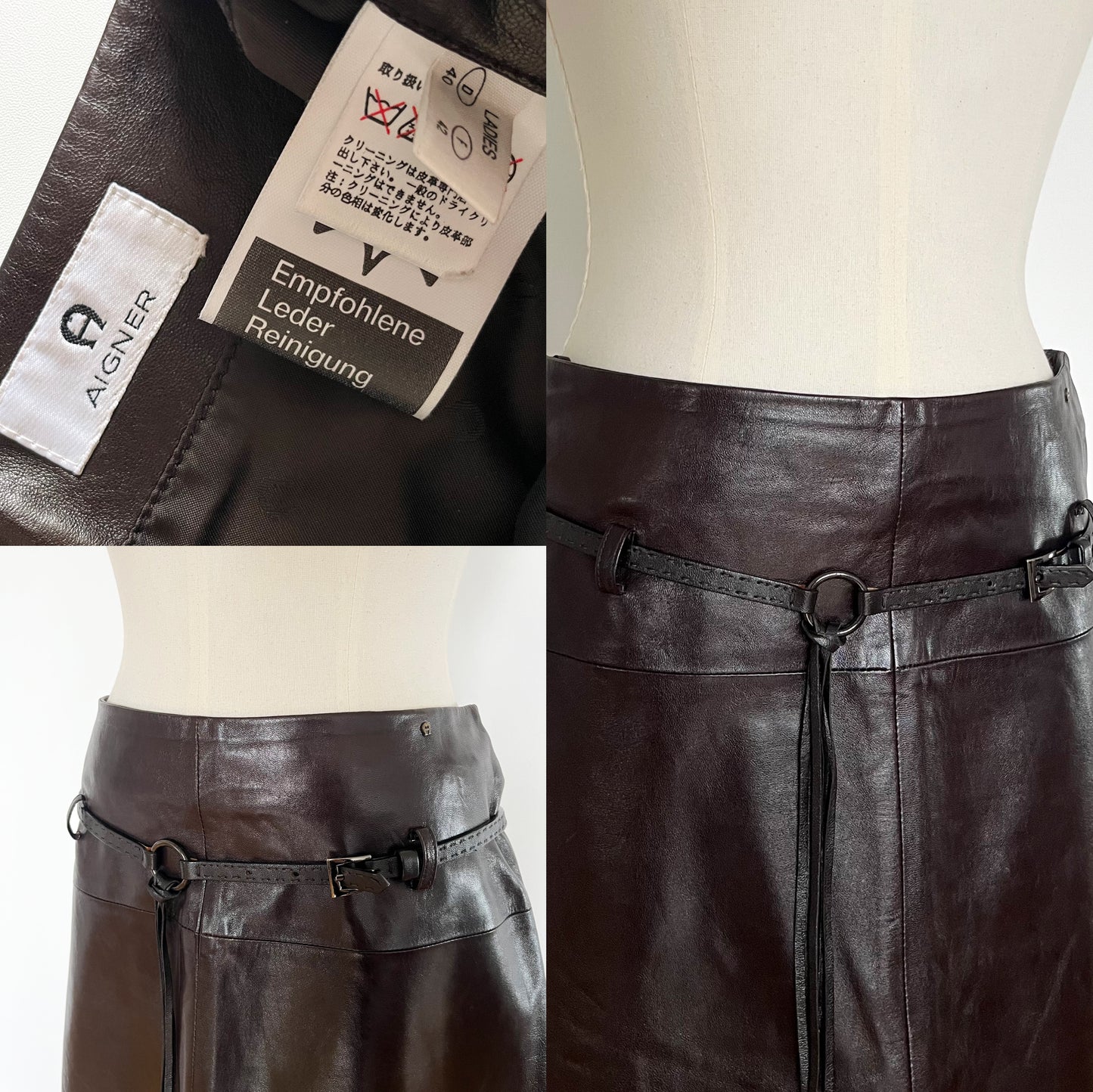 Aigner Belted Leather Midi-Skirt Chocolate Brown (M)