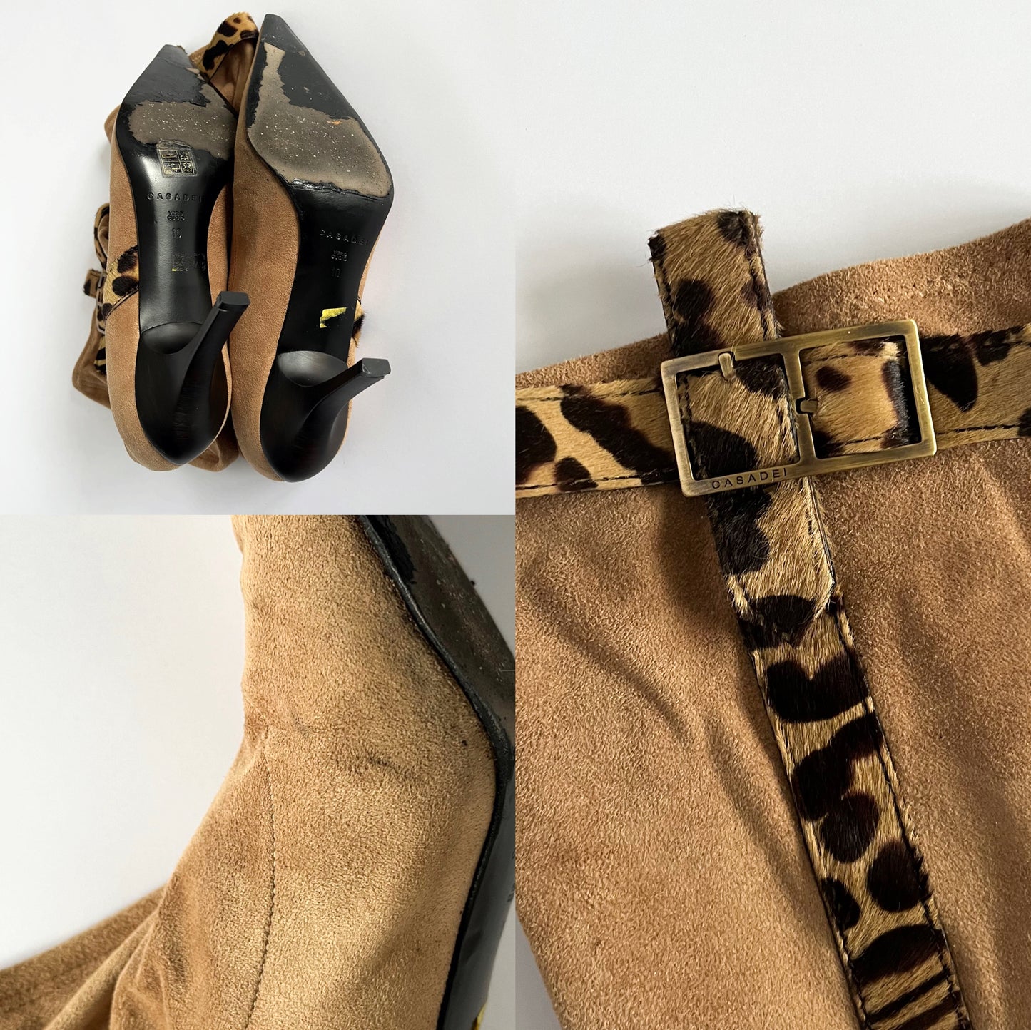 Casadei Velours Leather Boots Camel Leopard Print Details (40 EU)