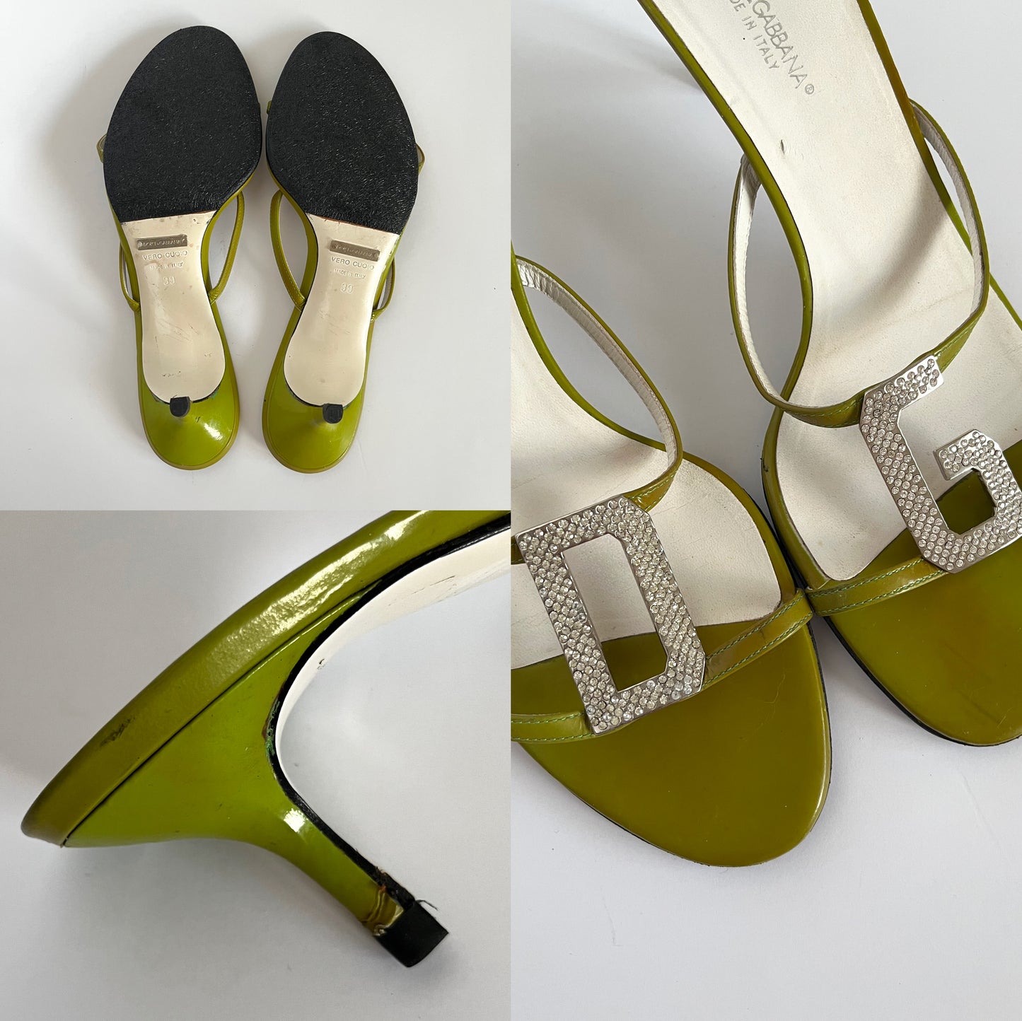 Dolce & Gabbana Lime Green Crystal Logo Patent Leather Heels (39 EU)