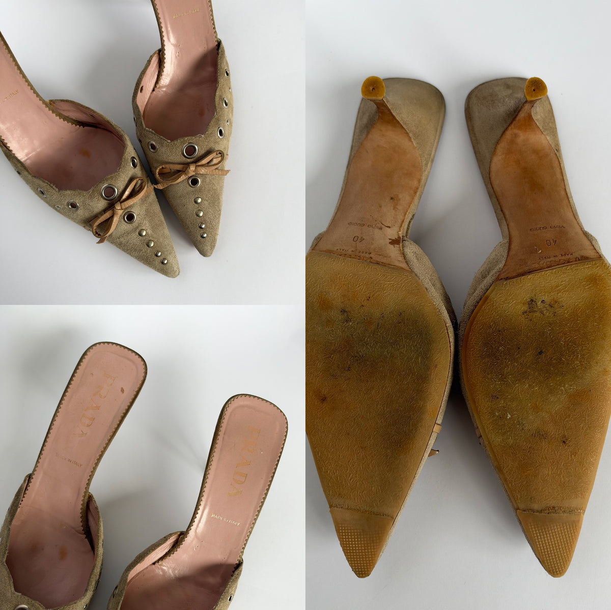 Prada Suede Eyelet Mules Greige (40 EU)