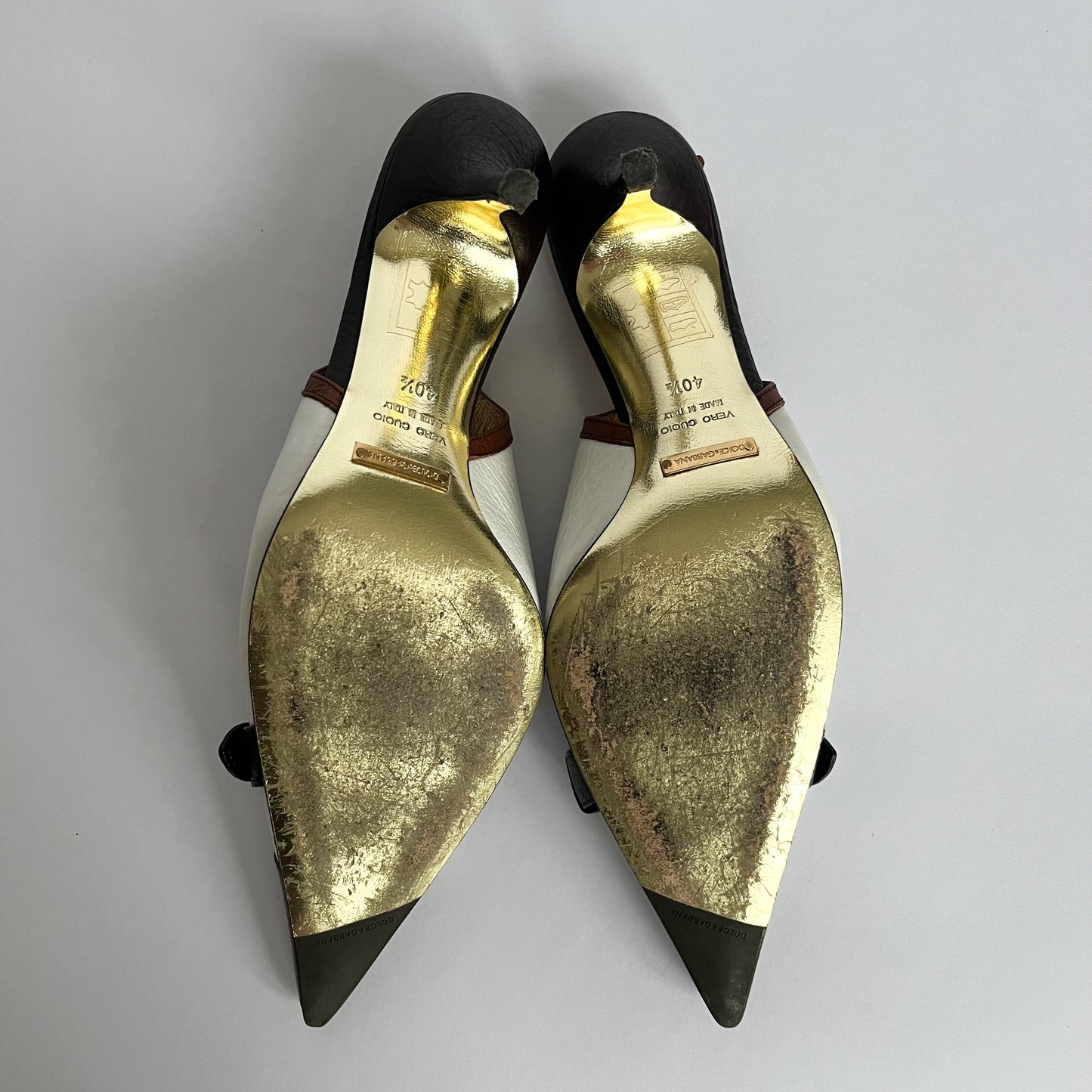 Dolce & Gabbana Sling Kitten Heels With Metal Logo White & Brown (40.5 EU)