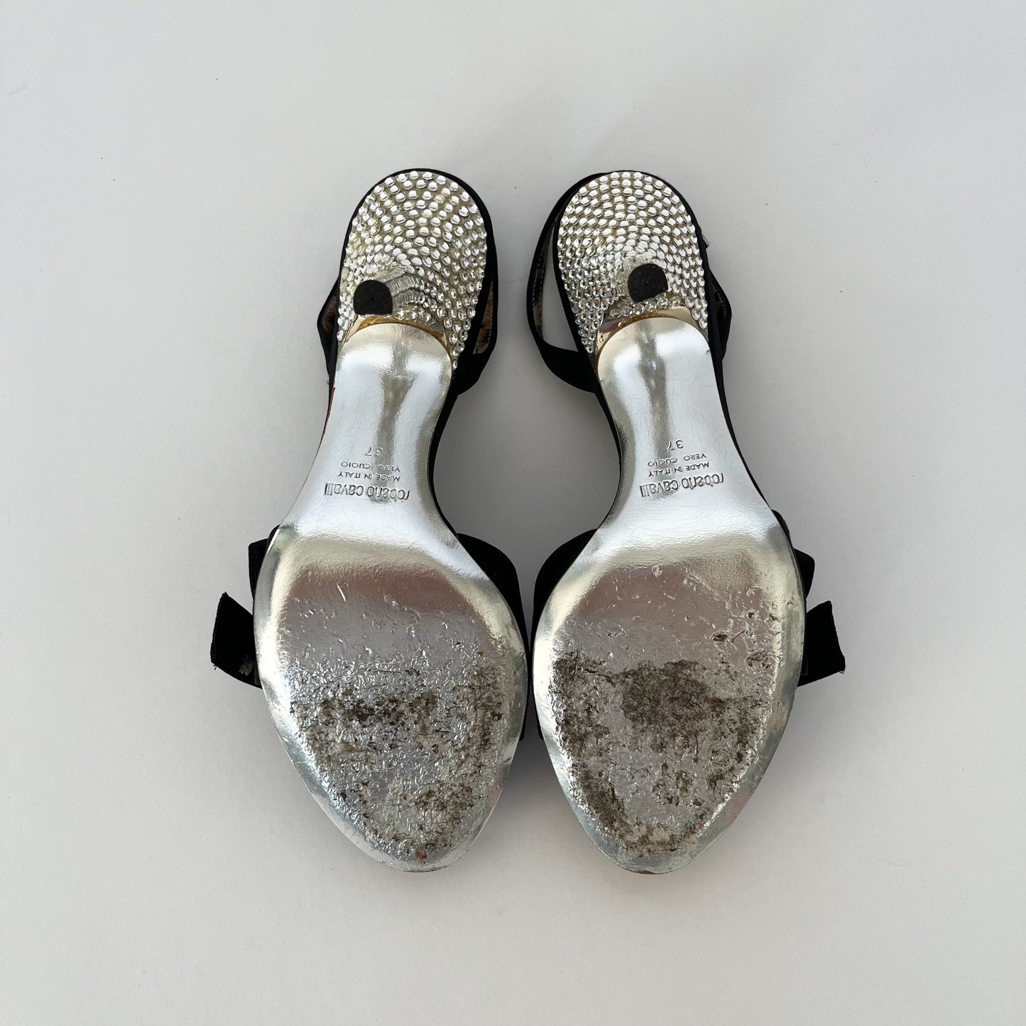 Roberto Cavalli Satin Velvet Rhinestone Bow Heels Black (37 EU)