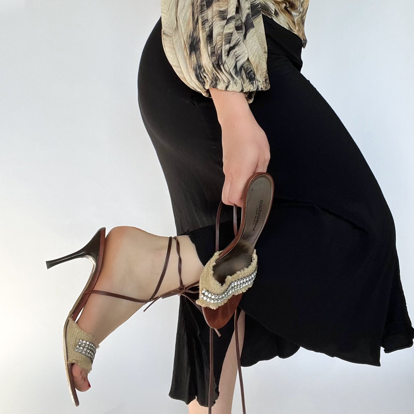 Dolce & Gabbana Raffia Tie-Up Heels with Rhinestones Dark Brown (38.5 EU)