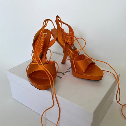 Dior Tie-Up Satin Heels Mandarin Orange (37.5 EU)