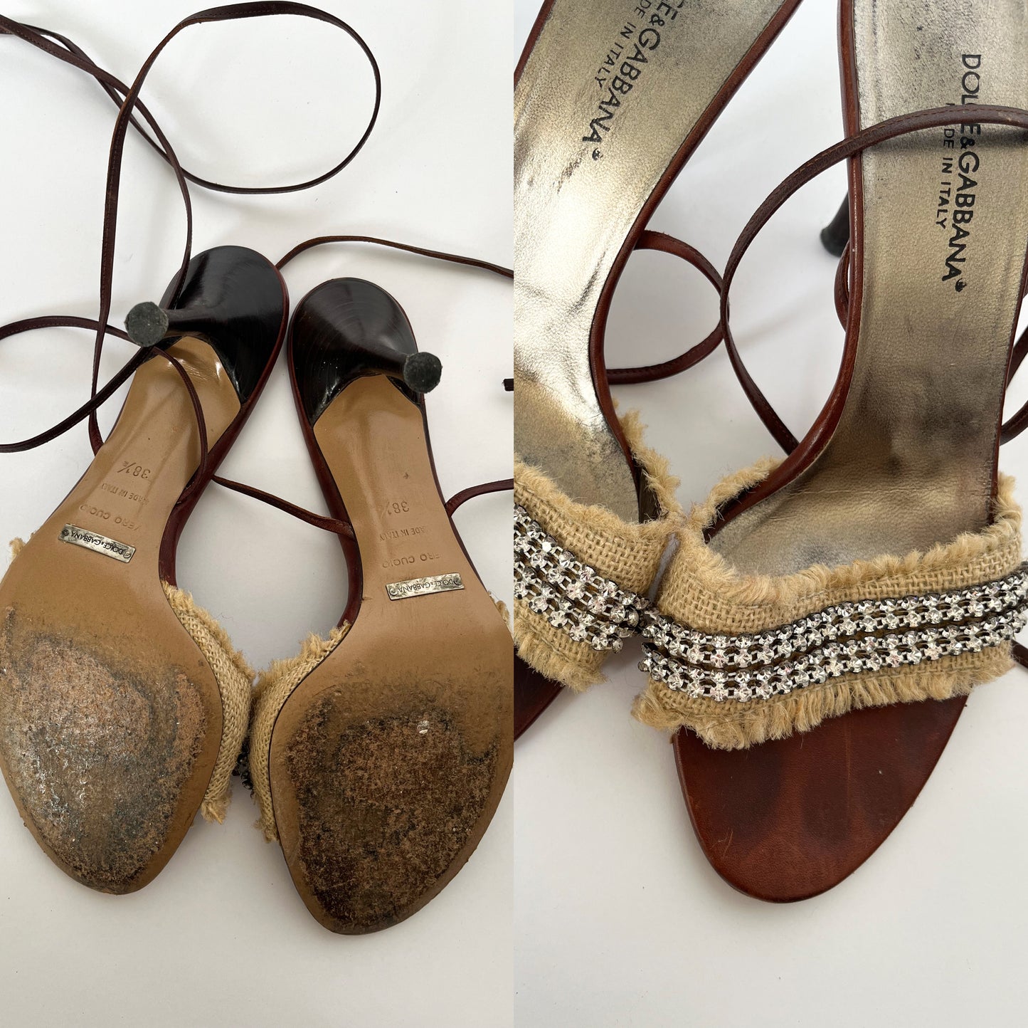 Dolce & Gabbana Raffia Tie-Up Heels with Rhinestones Dark Brown (38.5 EU)