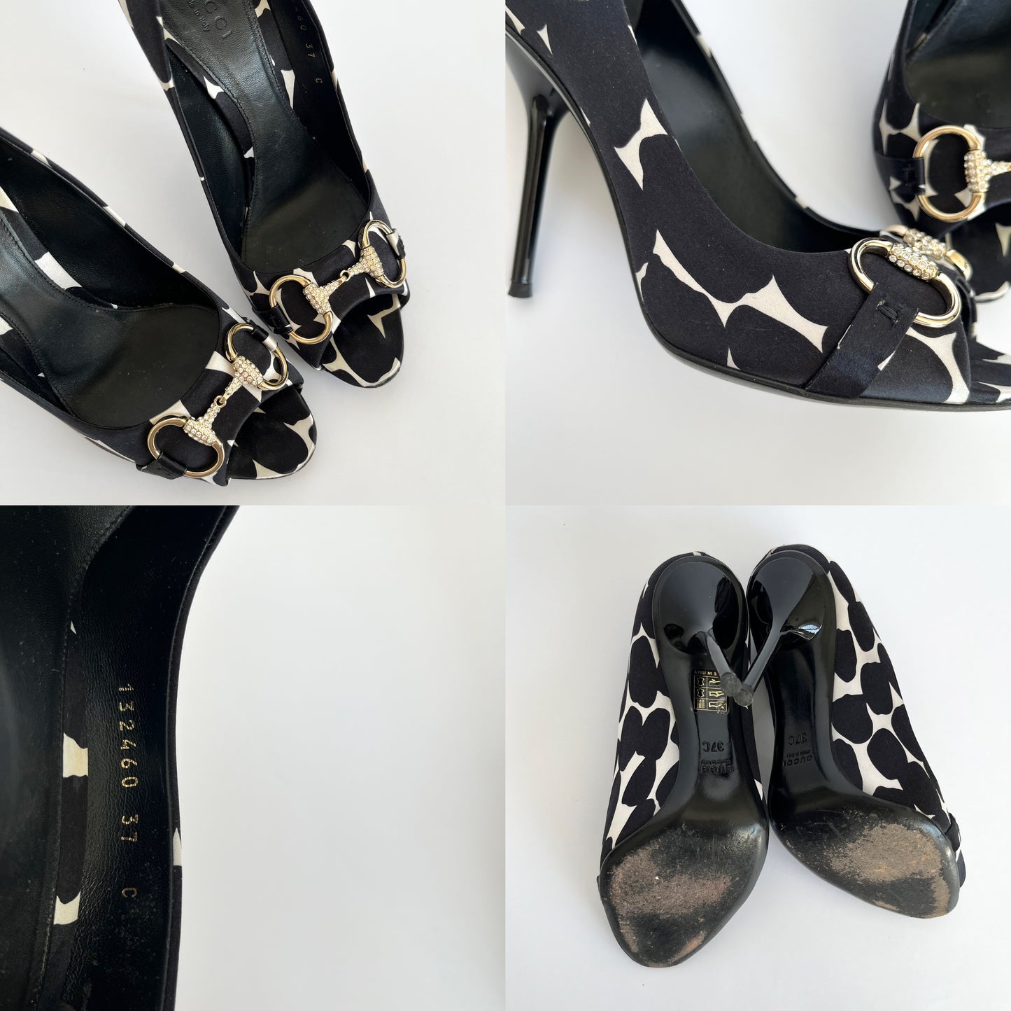 Gucci Horsebit Crystal Silk Heels Black & White (37 EU)