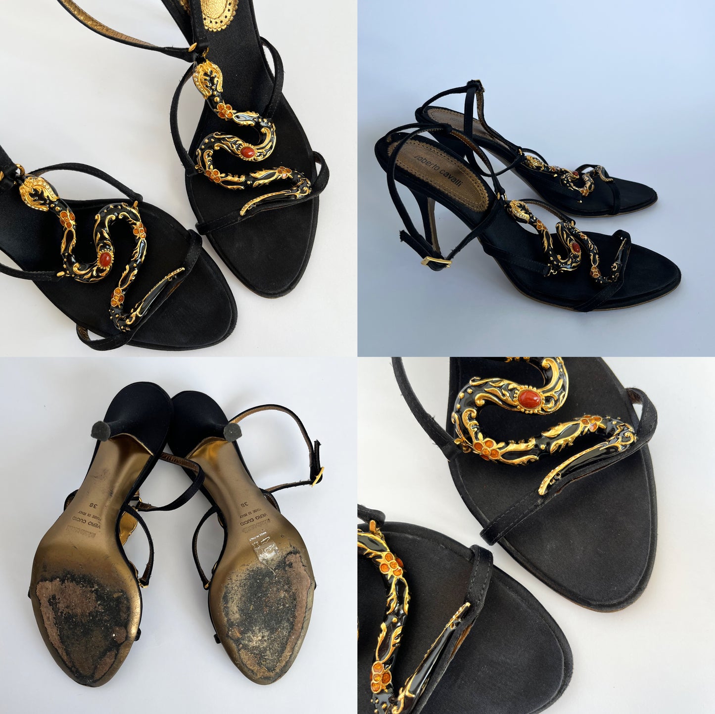 Roberto Cavalli Gemstone Snake Heels Black (38 EU)