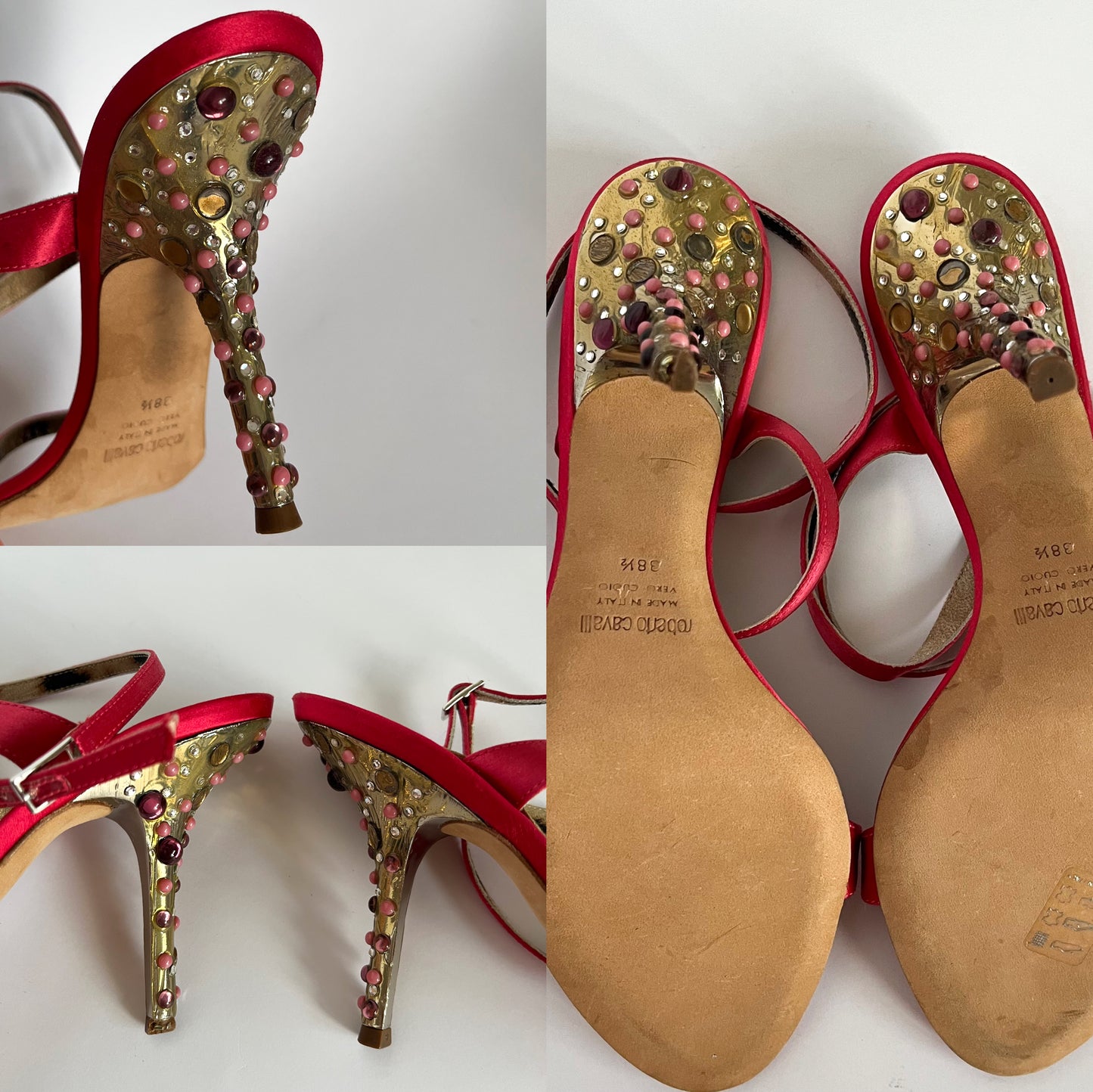 Roberto Cavalli Wrap Around Satin Heels With Gemstones Fuchsia (38.5 EU)