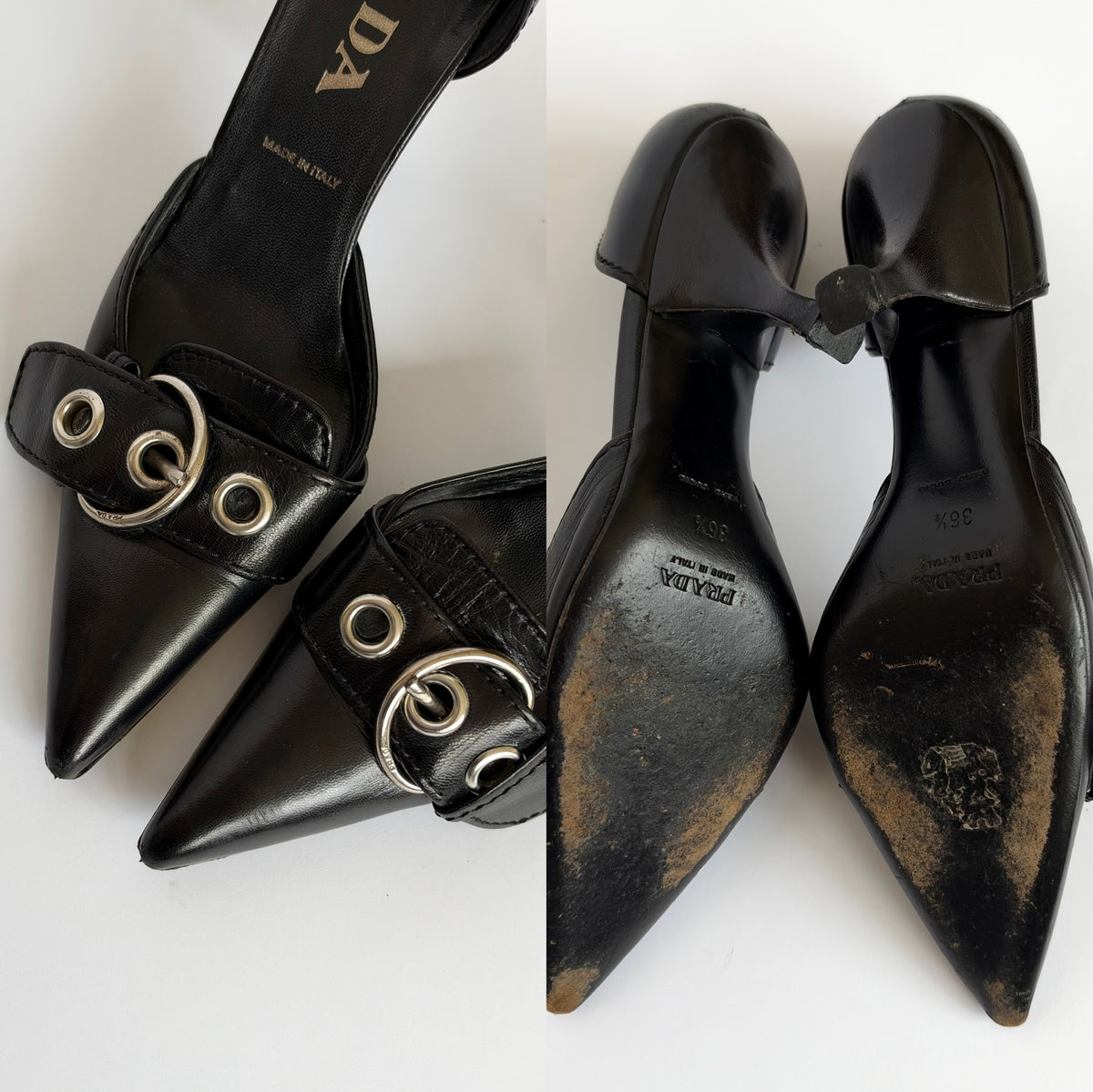 Prada Eyelet Buckle Heels Black (36.5 EU)