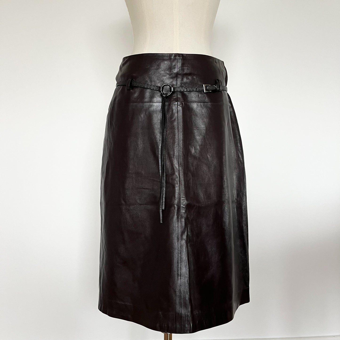 Aigner Belted Leather Midi-Skirt Chocolate Brown (M)