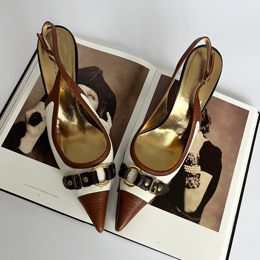 Dolce & Gabbana Sling Kitten Heels With Metal Logo White & Brown (40.5 EU)