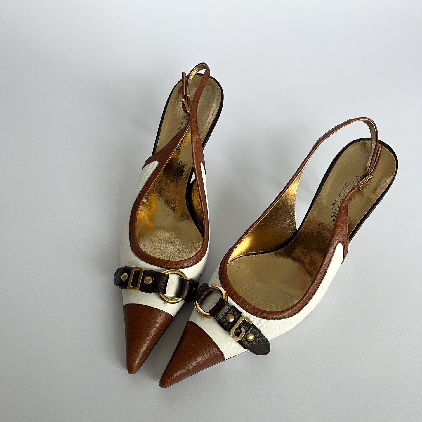 Dolce & Gabbana Sling Kitten Heels With Metal Logo White & Brown (40.5 EU)