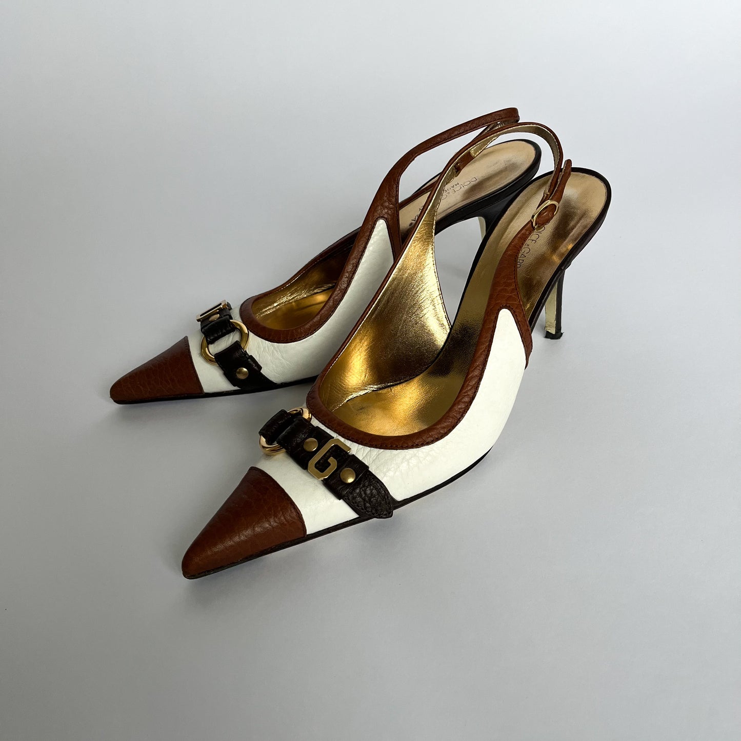 Dolce & Gabbana Sling Kitten Heels With Metal Logo White & Brown (40.5 EU)