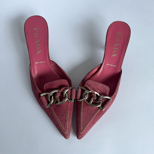 Prada Buckle Kitten Heels Suede Pink (36.5 EU)