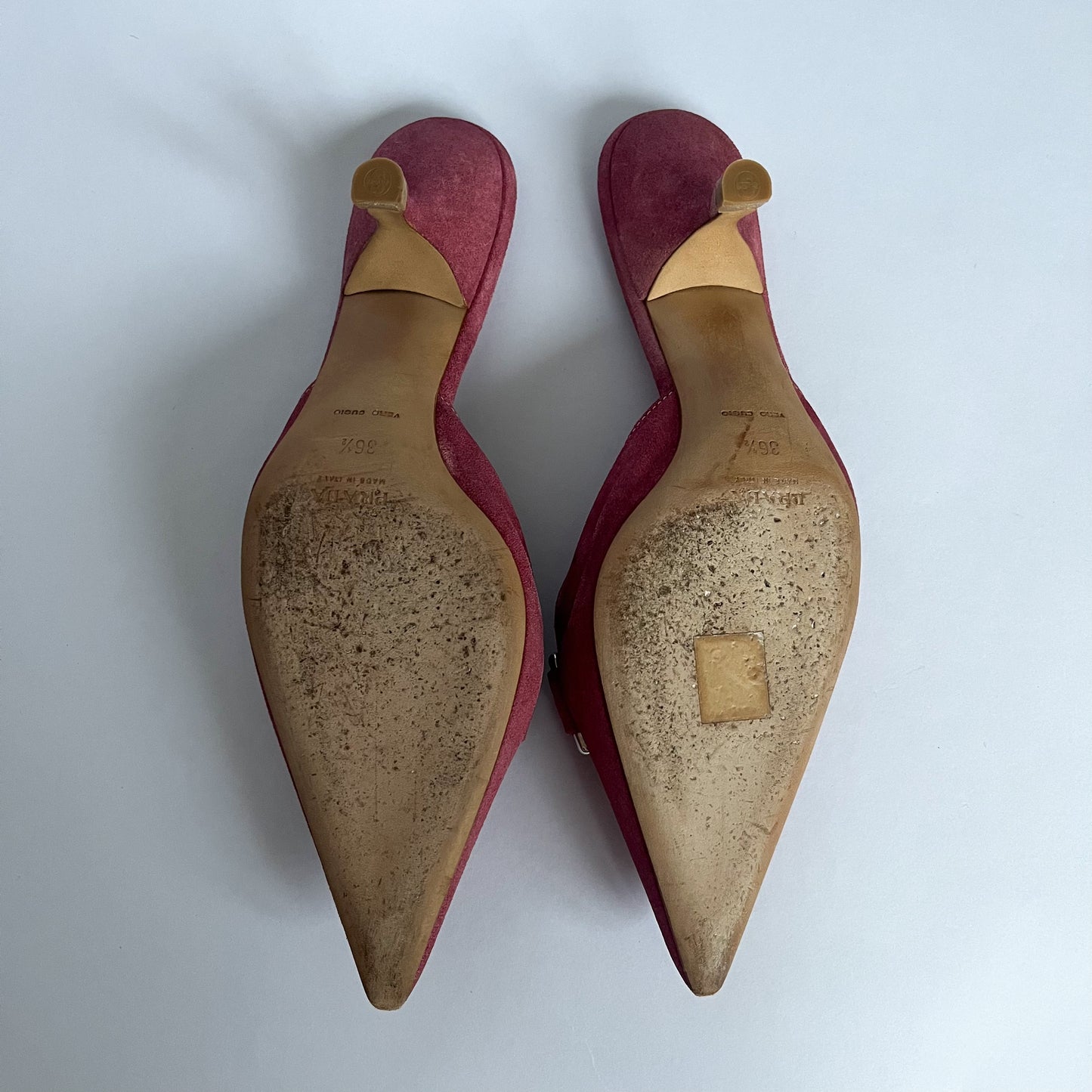 Prada Buckle Kitten Heels Suede Pink (36.5 EU)