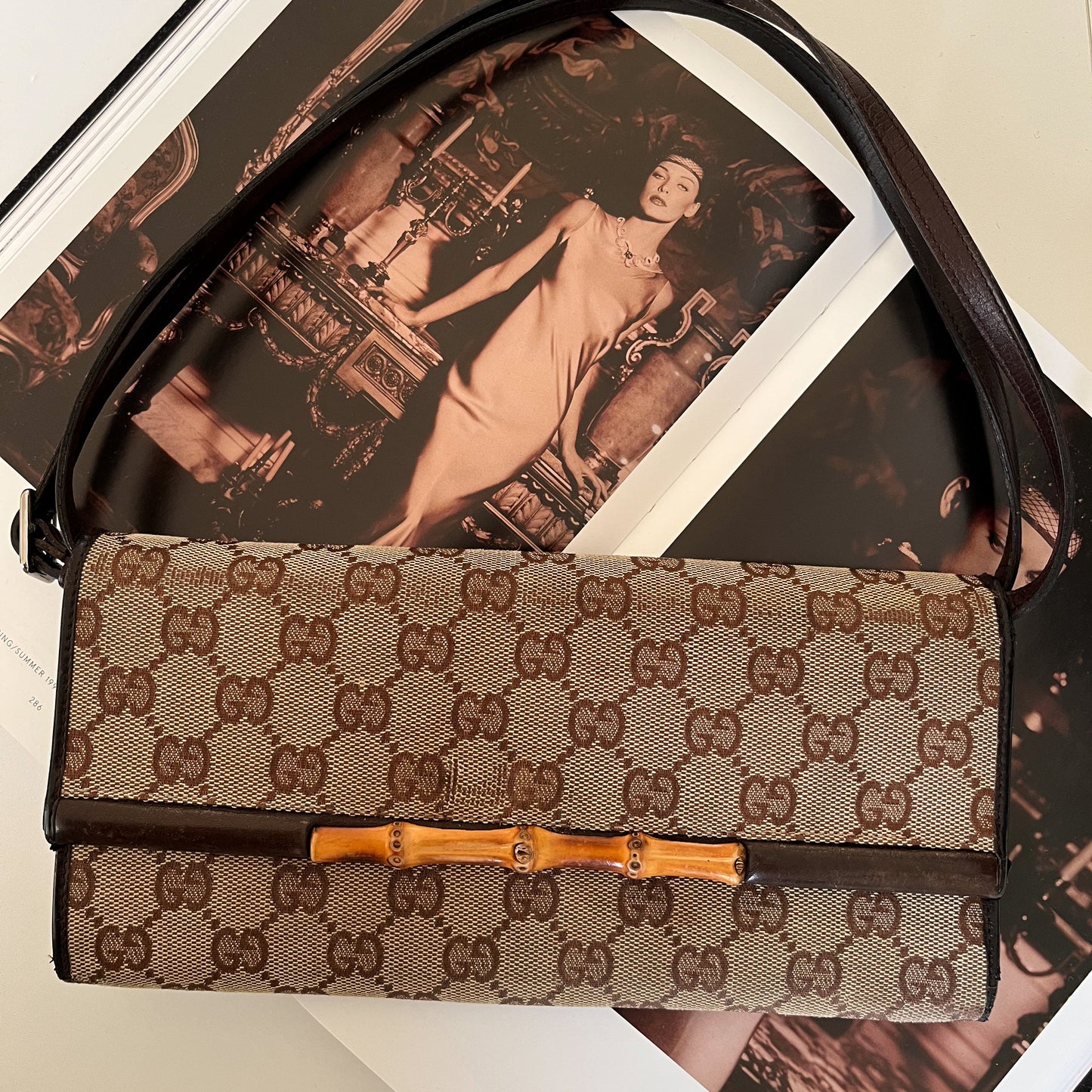 Gucci Bamboo Canvas Monogram Bag Two Way