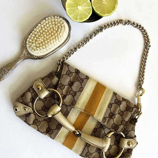 Gucci Horsebit Canvas Monogram Shoulder Bag