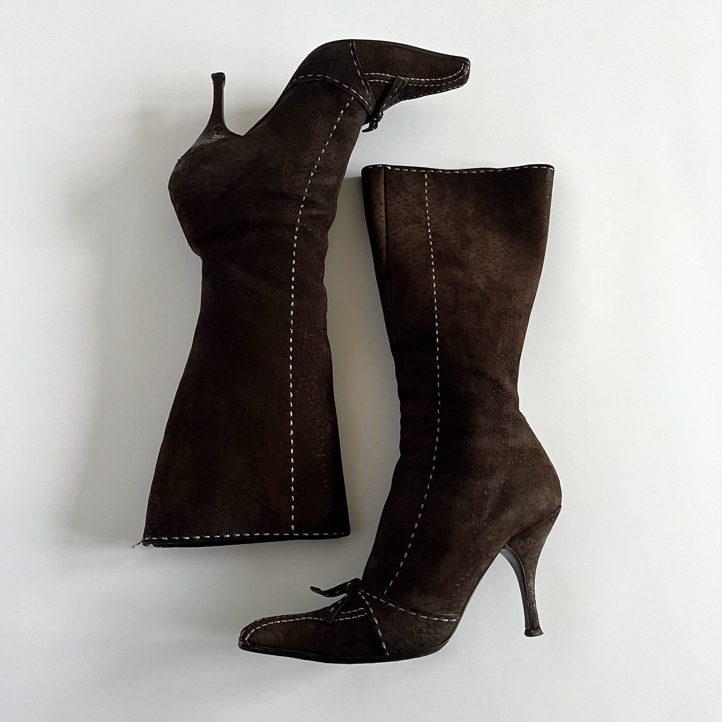 Prada Suede Boots With Bow Details Dark Brown (40 EU)