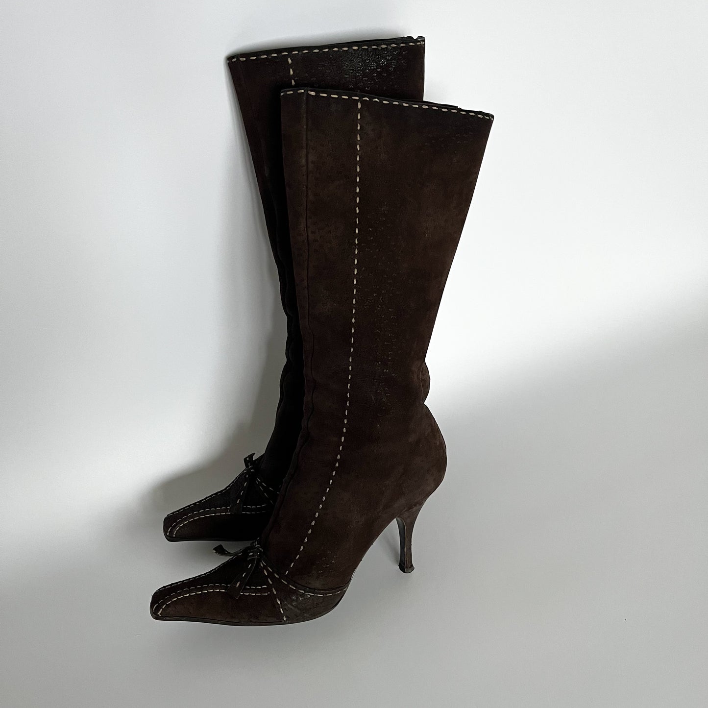 Prada Suede Boots With Bow Details Dark Brown (40 EU)
