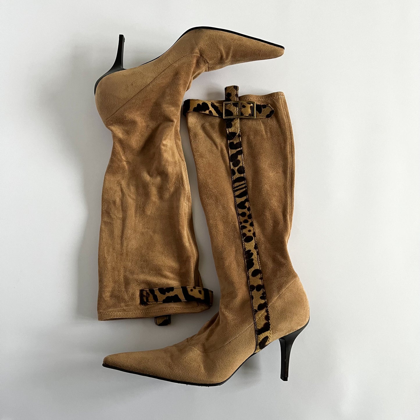 Casadei Velours Leather Boots Camel Leopard Print Details (40 EU)