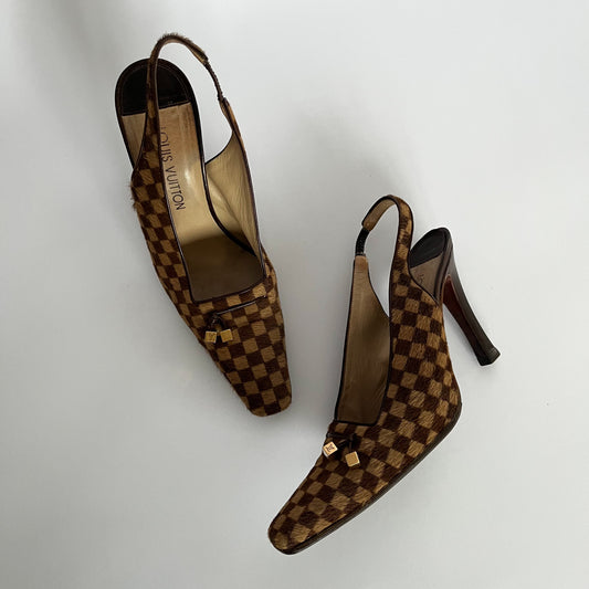 Louis Vuitton Damier Pony Checkerboard Sling Pumps (39.5 EU)