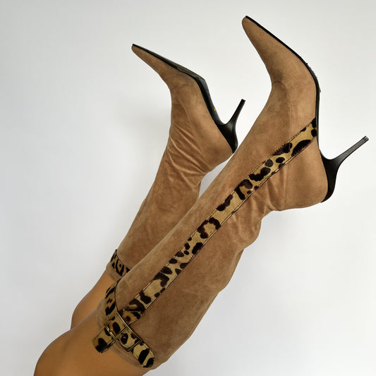 Casadei Velours Leather Boots Camel Leopard Print Details (40 EU)