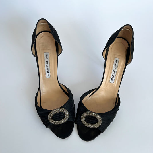 Manolo Blahnik Sedaraby D'Orsay Satin Heels Iridescent Black (41 EU)