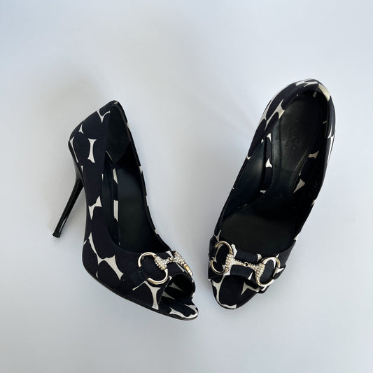 Gucci Horsebit Crystal Silk Heels Black & White (37 EU)