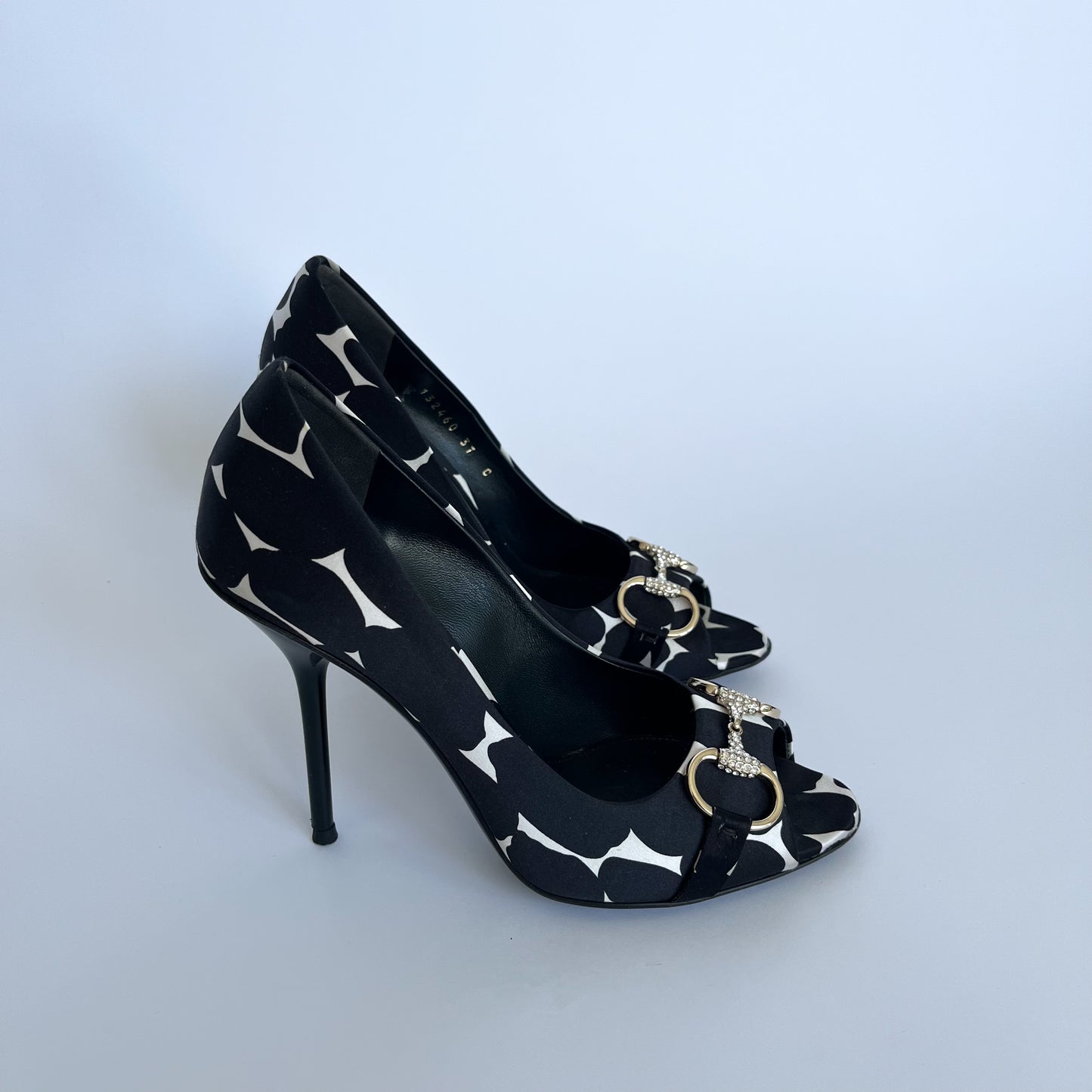 Gucci Horsebit Crystal Silk Heels Black & White (37 EU)