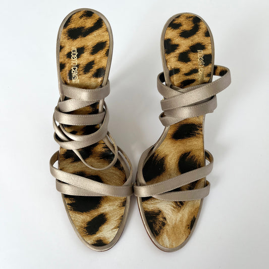 Roberto Cavalli Satin Wrap Around Heels Rose Leopard (40 EU)