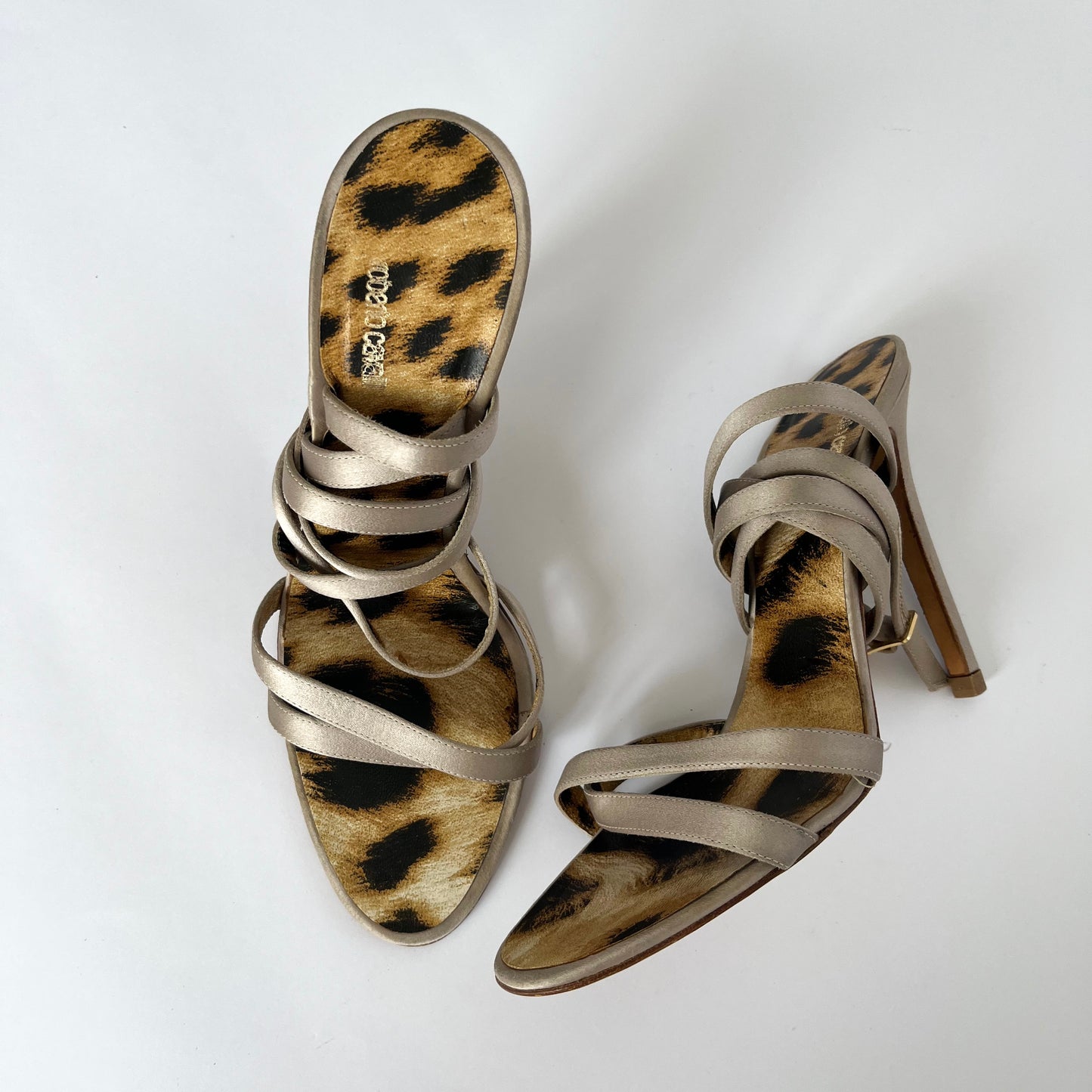 Roberto Cavalli Satin Wrap Around Heels Rose Leopard (40 EU)