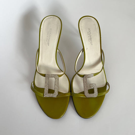 Dolce & Gabbana Lime Green Crystal Logo Patent Leather Heels (39 EU)