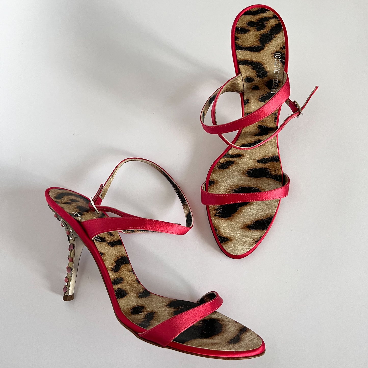 Roberto Cavalli Wrap Around Satin Heels With Gemstones Fuchsia (38.5 EU)