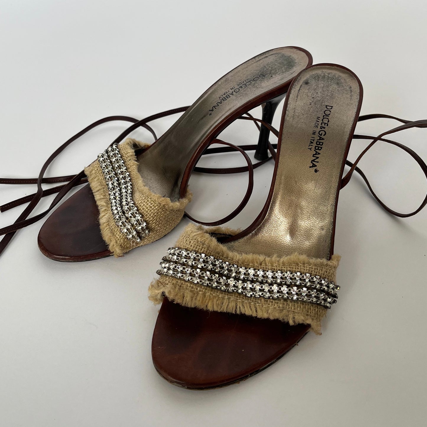 Dolce & Gabbana Raffia Tie-Up Heels with Rhinestones Dark Brown (38.5 EU)