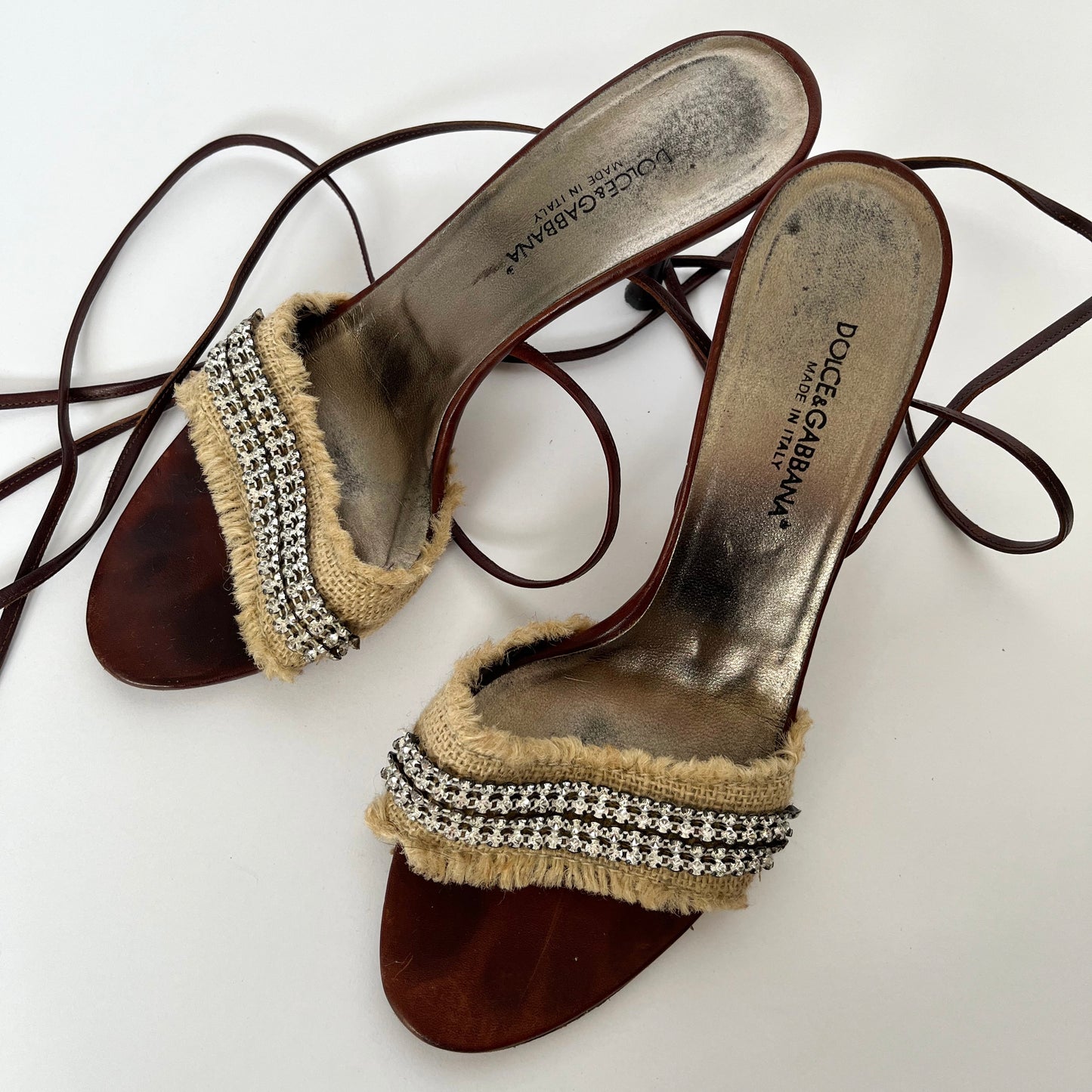 Dolce & Gabbana Raffia Tie-Up Heels with Rhinestones Dark Brown (38.5 EU)