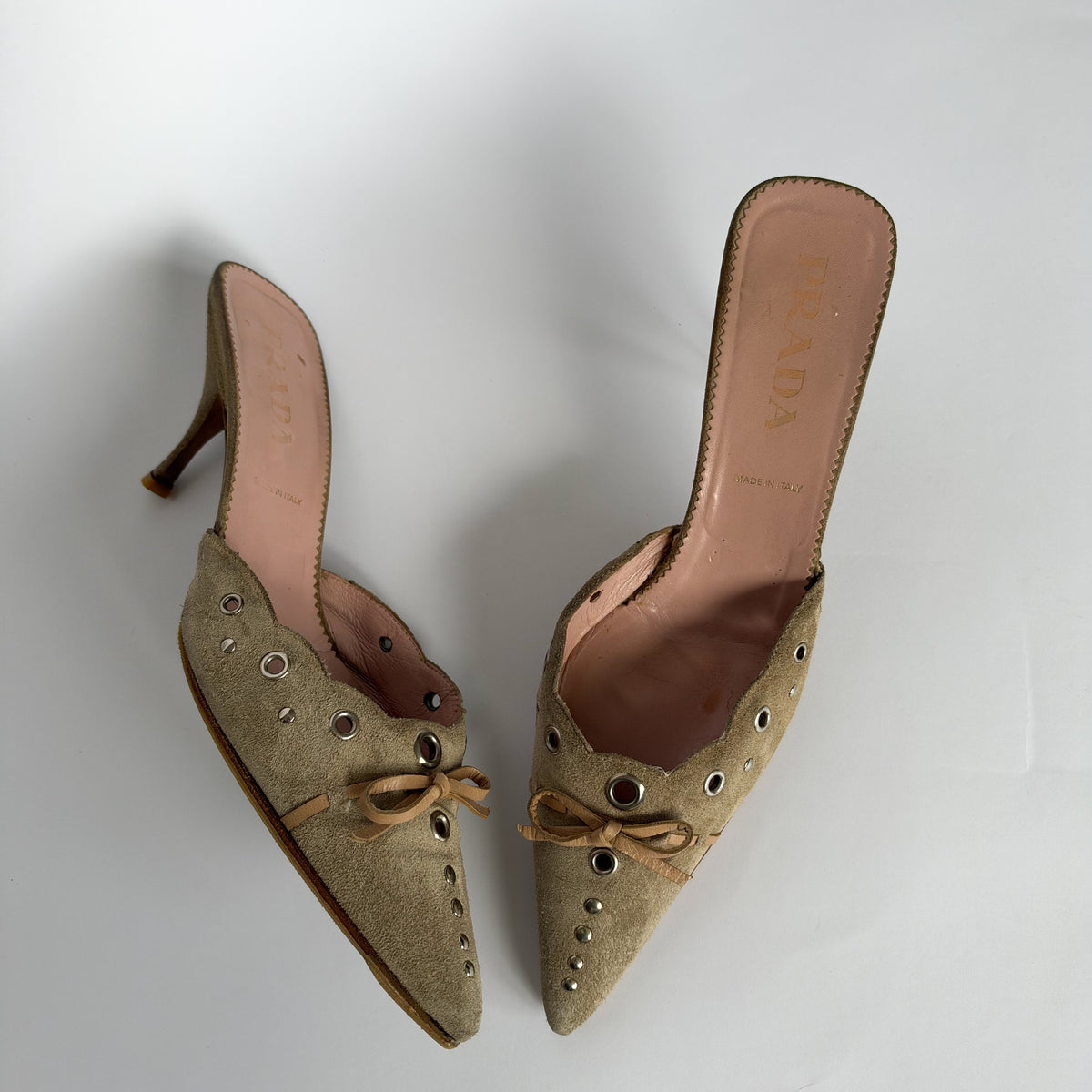 Prada Suede Eyelet Mules Greige (40 EU)