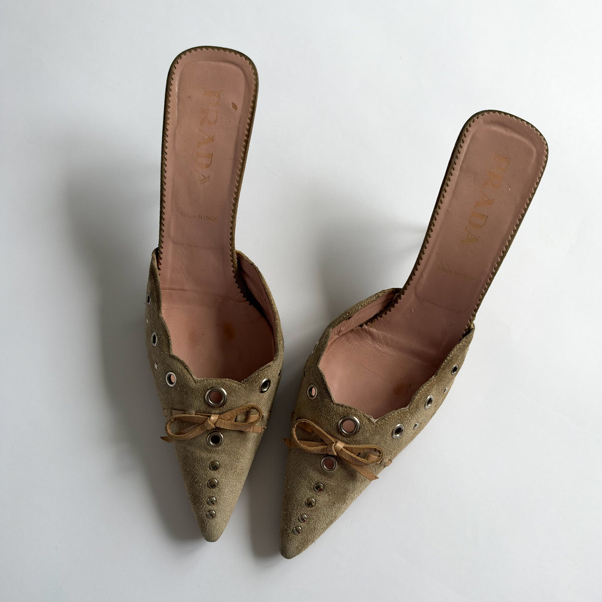 Prada Suede Eyelet Mules Greige (40 EU)