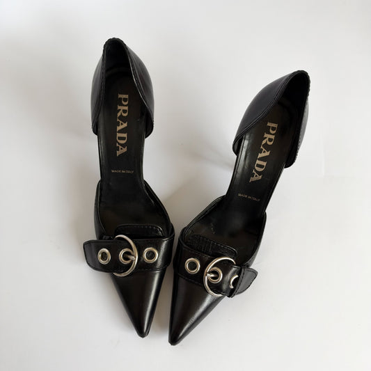 Prada Eyelet Buckle Heels Black (36.5 EU)